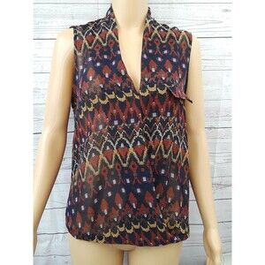 Sans Souci High Low Wrapped Sheer Top Blouse Geometric Red Blue L  New NWT